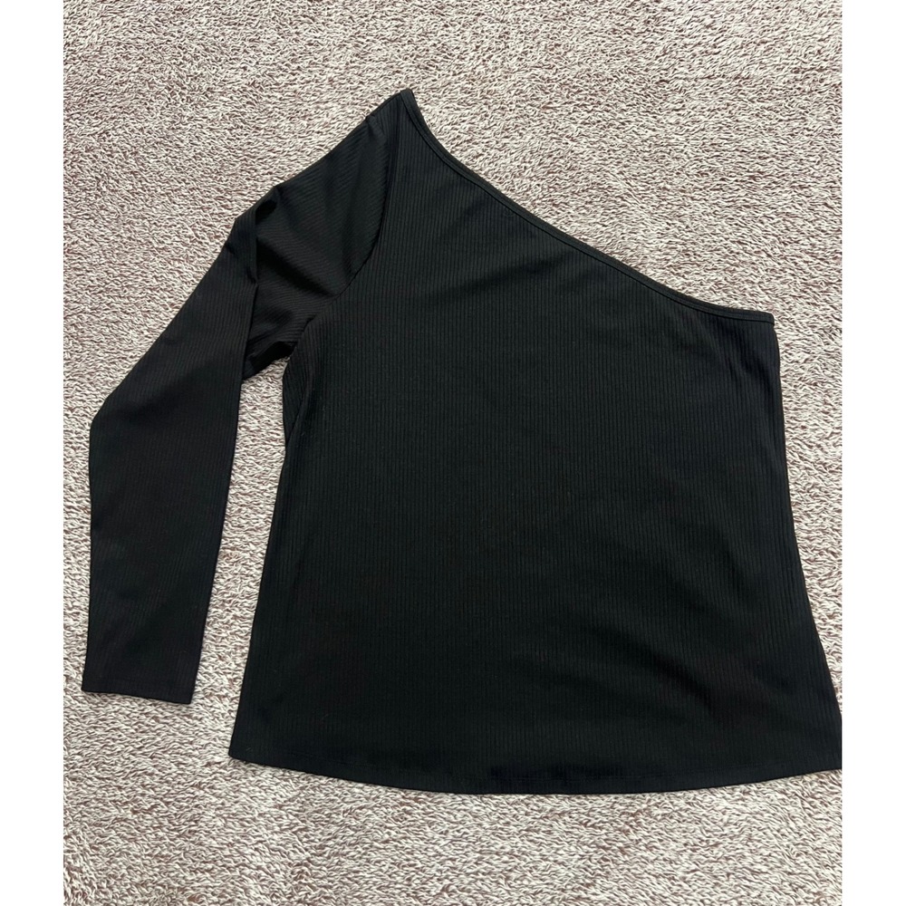 Old Navy 2X Black One Shoulder Ribbed Top Long Sleeve Fitted Stretch NWOT